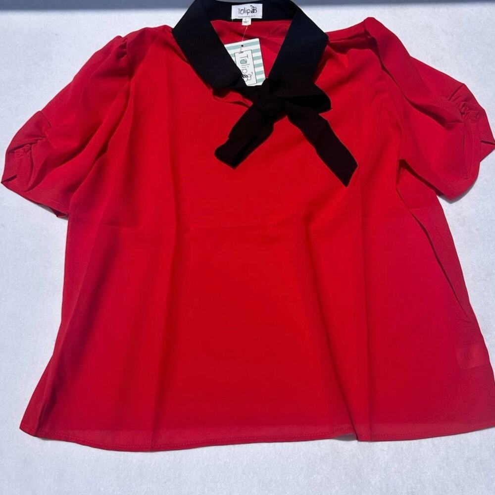 Red Sheer Blouse Black Bow Collar Puff Sleeve Top Womens Large